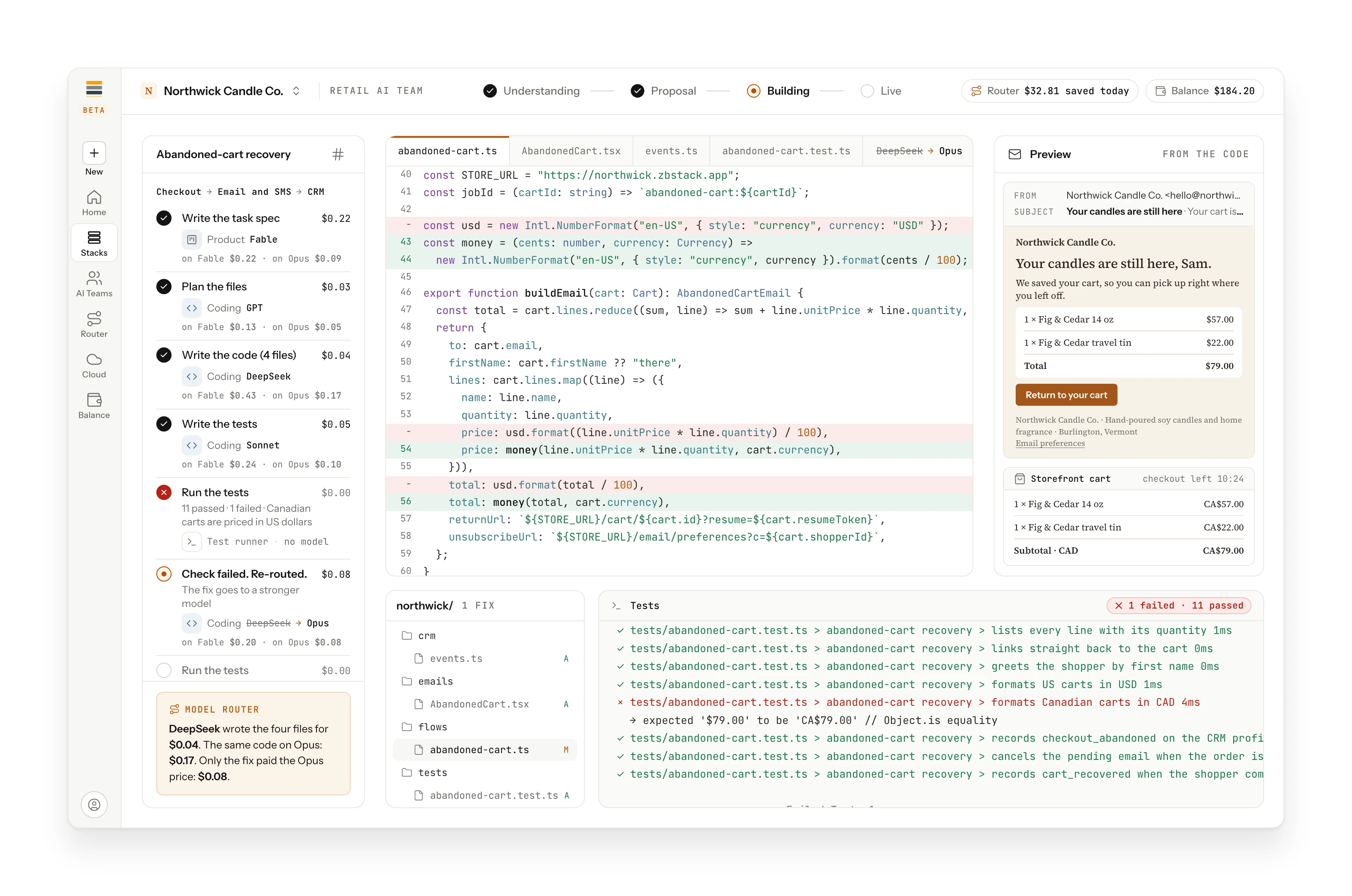 A coding action with a failed test: the task moves from Sonnet to Opus, and the record shows the retry and its cost.