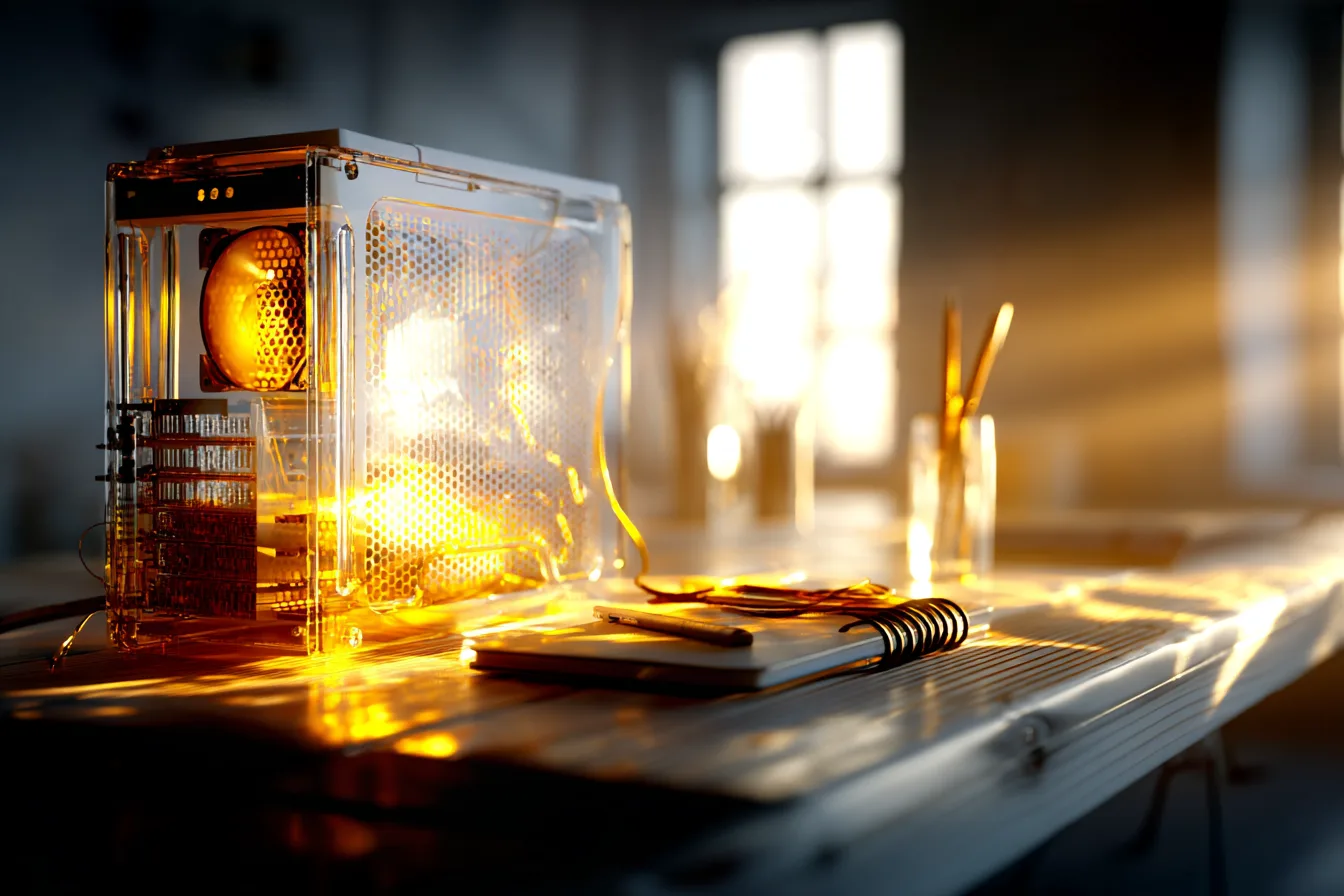 A plain hardware lab bench: an open server chassis, a probe, a notebook, daylight, no people.