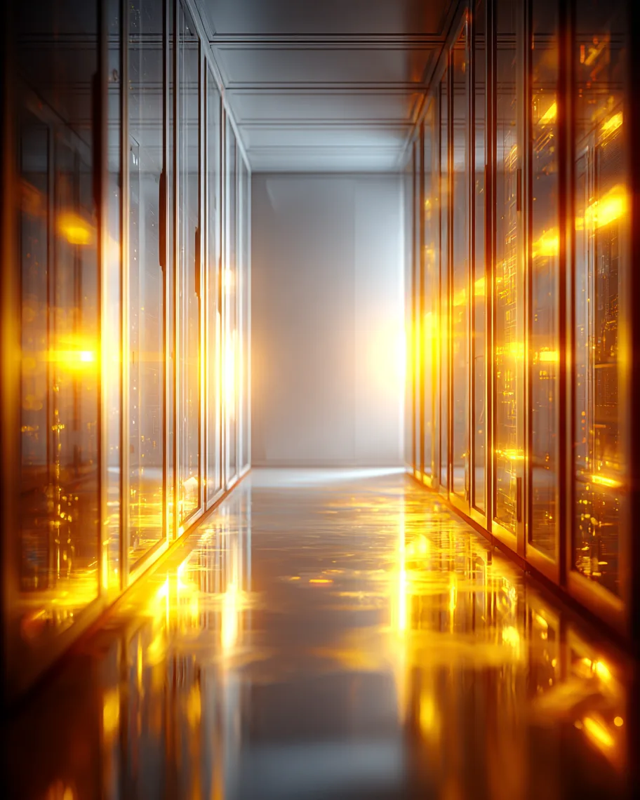 A quiet national data hall: white racks, one amber indicator, a single corridor in soft light.