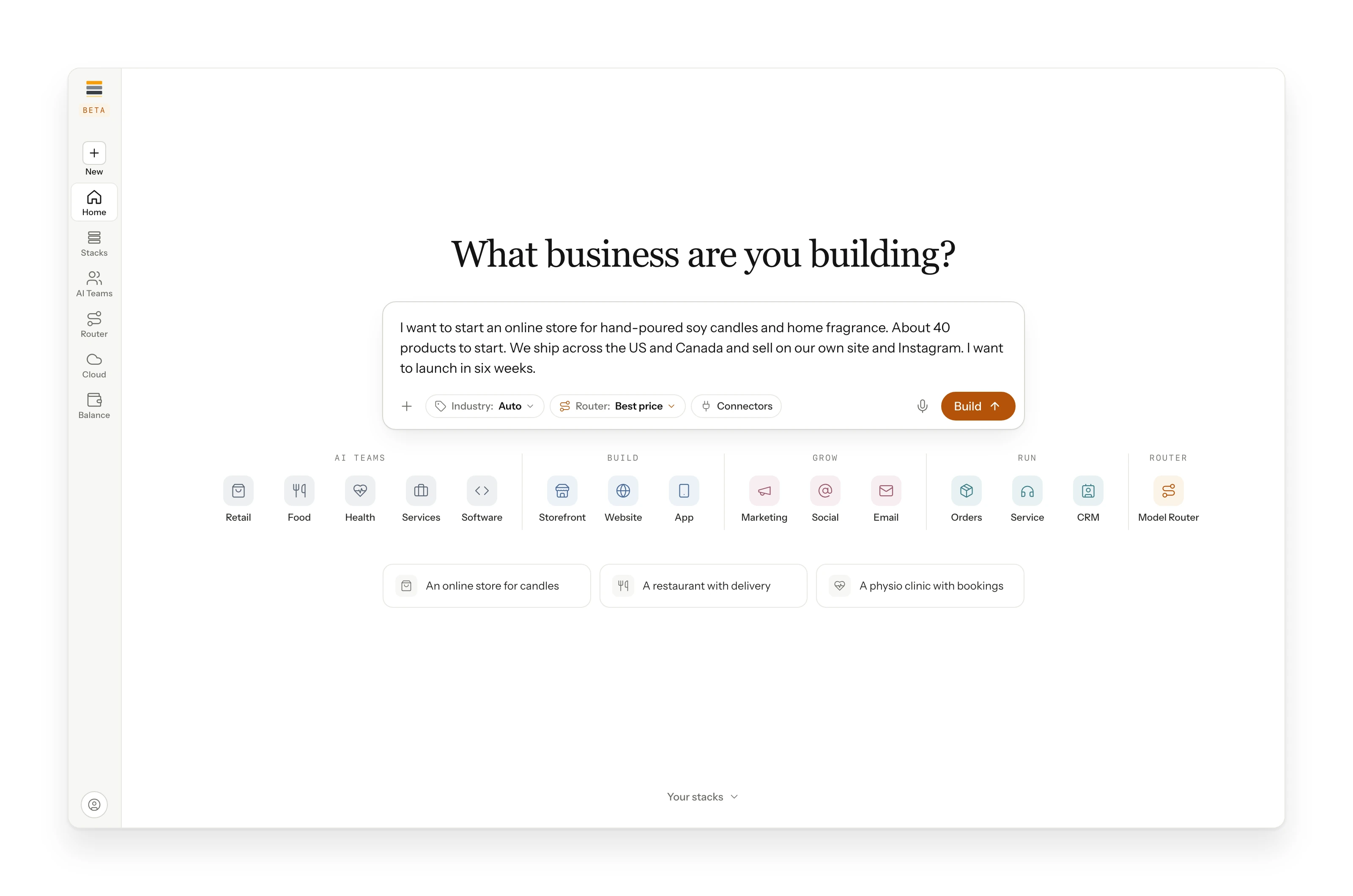 The first screen: a box asking what you are building, with a candle store described in it.