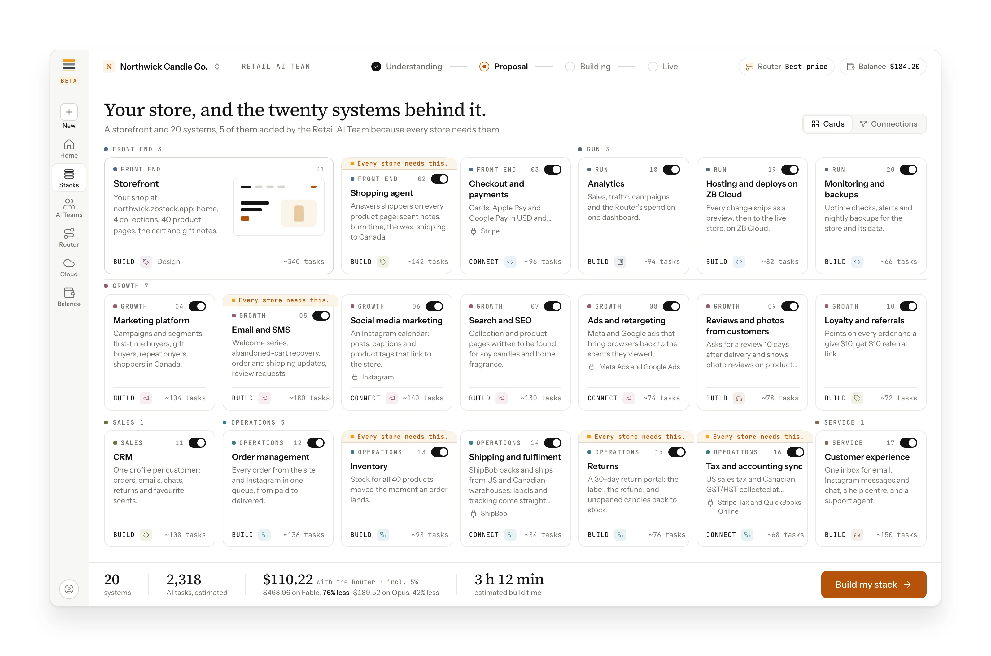 The proposed build: twenty systems for the store with a cost estimate, each one switchable.
