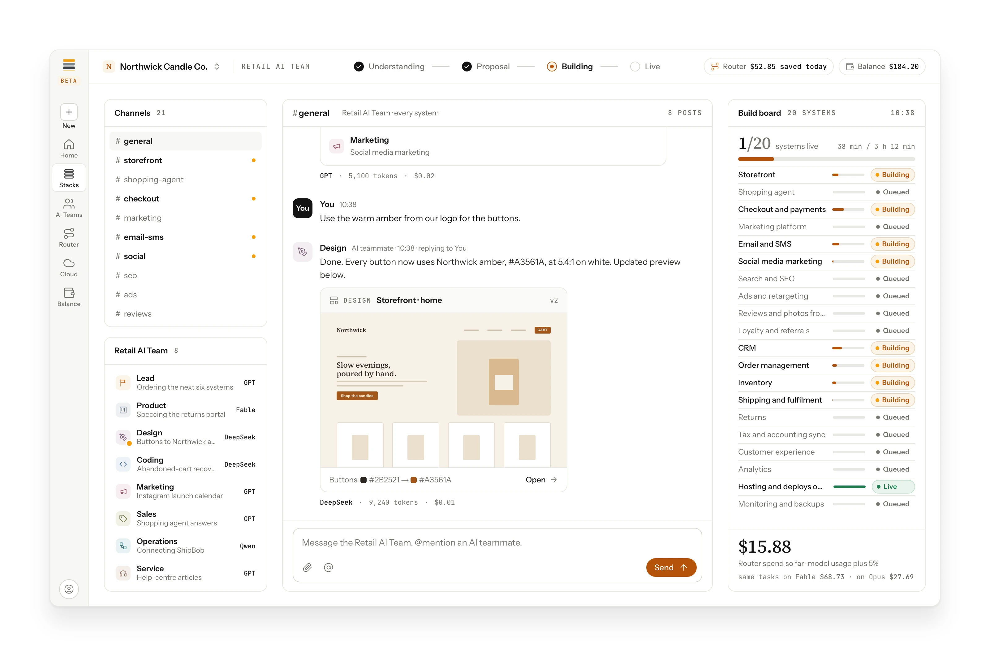 The AI team room: the plan ticking as tasks land, a spec, a design, a change with its checks.