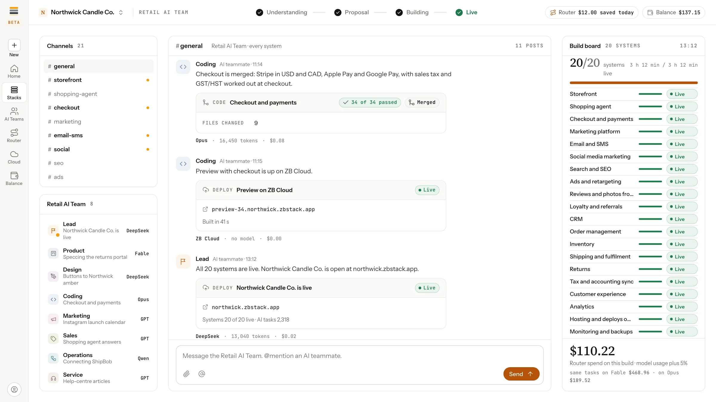 The AI team room for Northwick Candle Co.: on the left, the channels, one per system, and the eight seats of the Retail AI Team with the model each one is using; in the middle, a channel feed of cards from the Coding and Lead seats, a merged code change with every test passed and two deployments marked live; on the right, a build board with all twenty systems live.