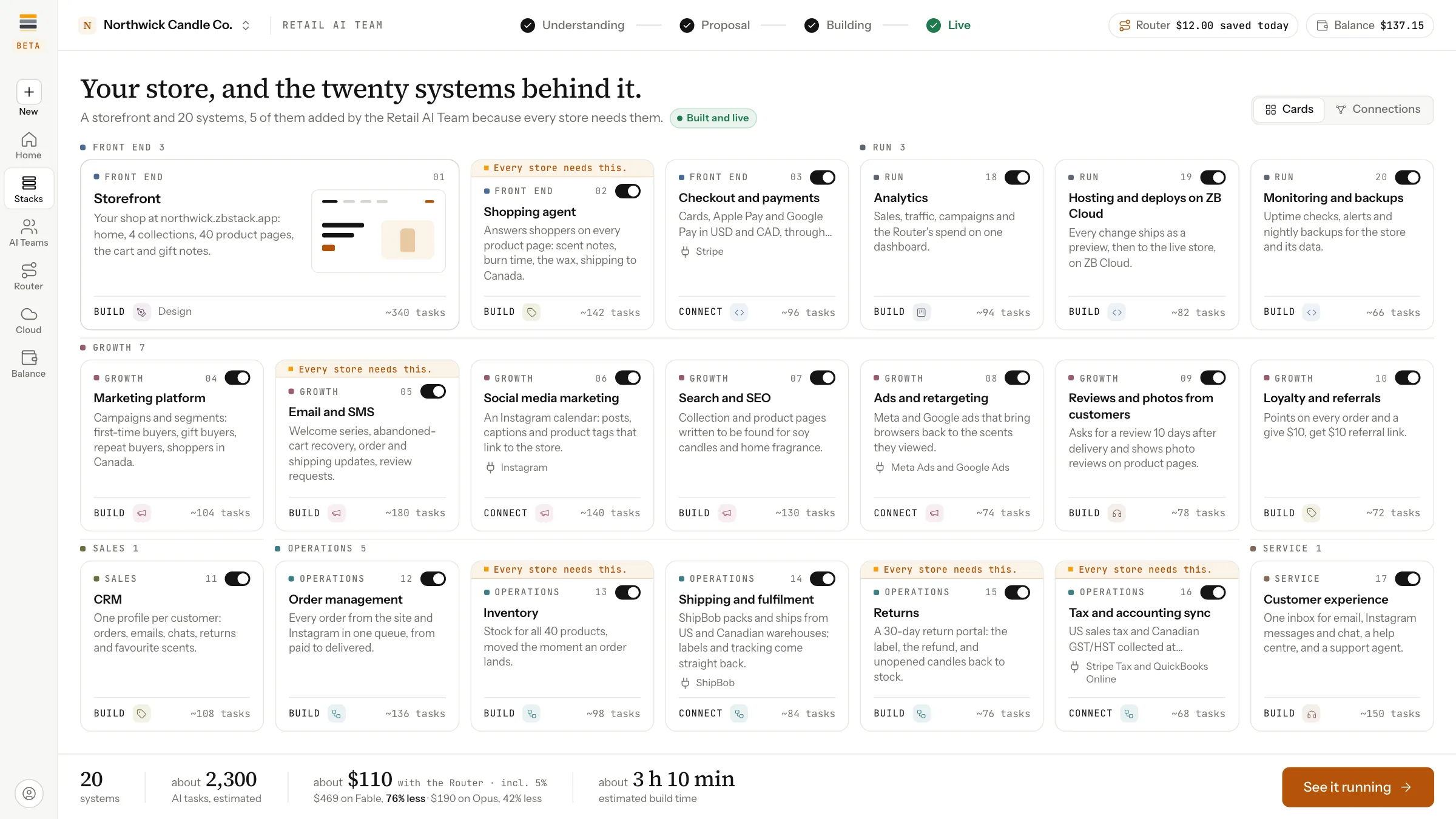 The proposal screen for Northwick Candle Co., headed “Your store, and the twenty systems behind it.”: a grid of system cards in six groups, front end, growth, sales, operations, service and run, each with a switch, a build or connect label and an estimated number of AI tasks. The storefront card comes first, and five cards carry the marker “Every store needs this.” A bar along the bottom totals the systems, the AI tasks, the cost with the Model Router and the build time.