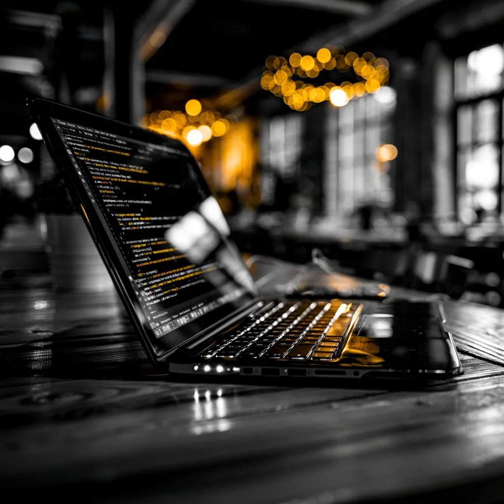 A laptop with code on screen in warm light