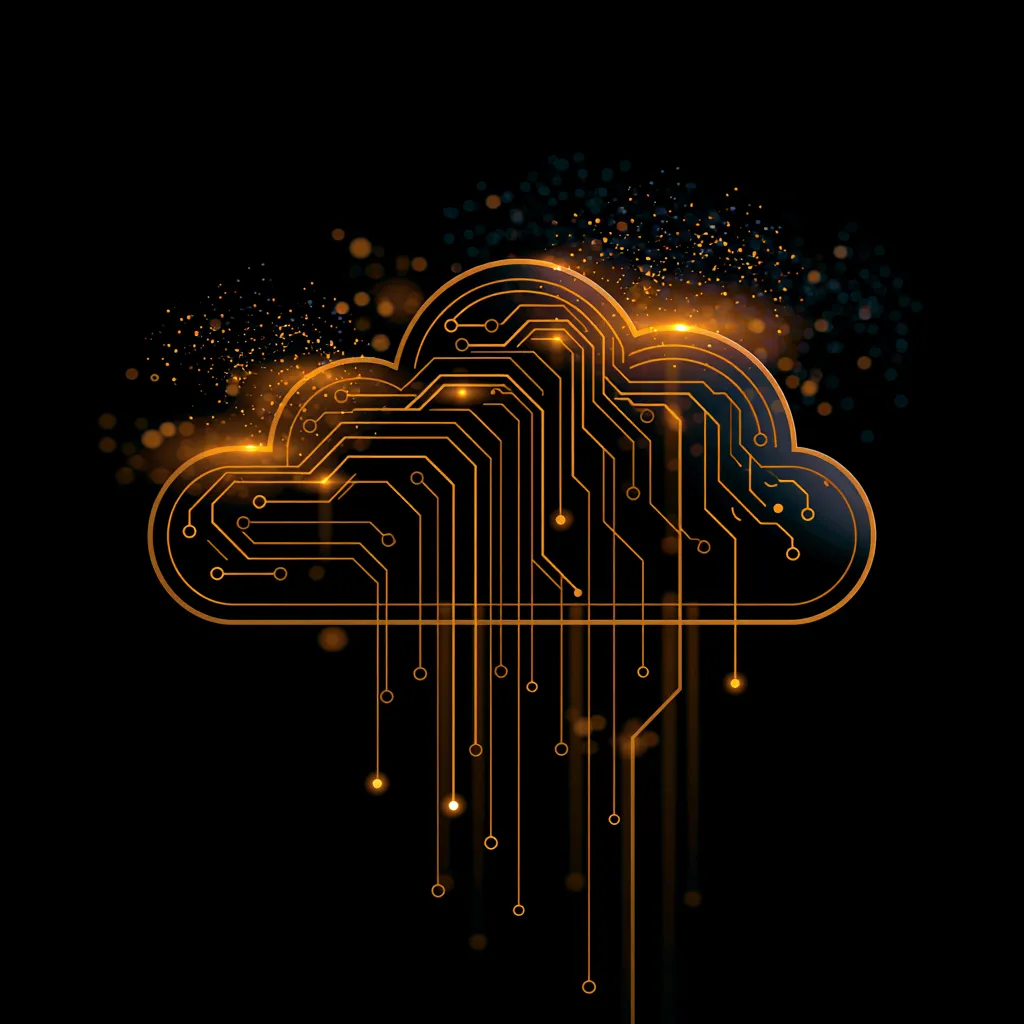 Amber circuit-board cloud with traces raining down into a dark field.