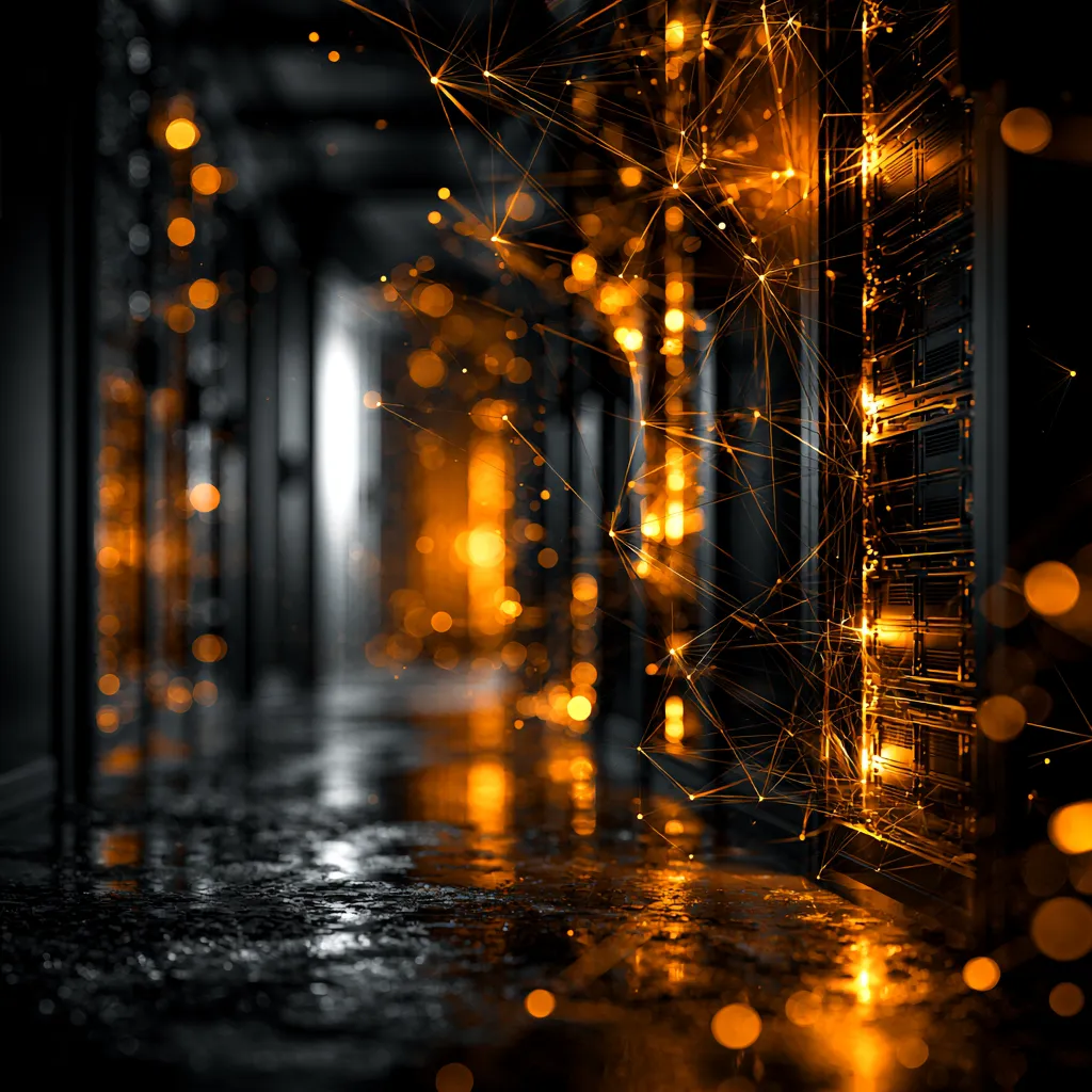 Server racks in a dark aisle laced with an amber network web.