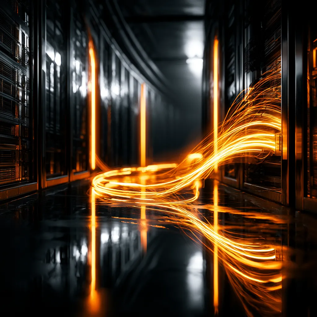 Streams of amber light sweeping down a dark server aisle.