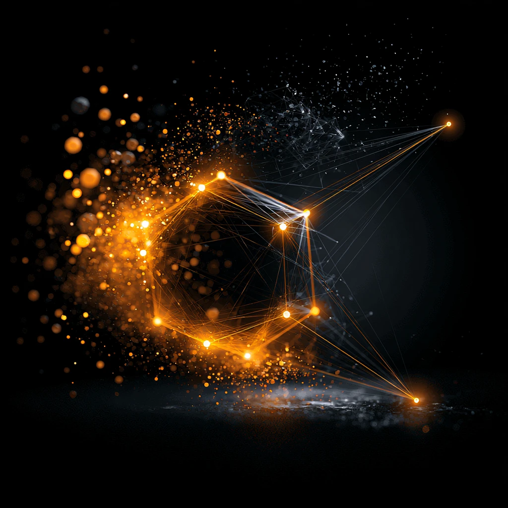 An amber lattice of connected nodes throwing off sparks in the dark, its structure extending outward to points beyond itself.